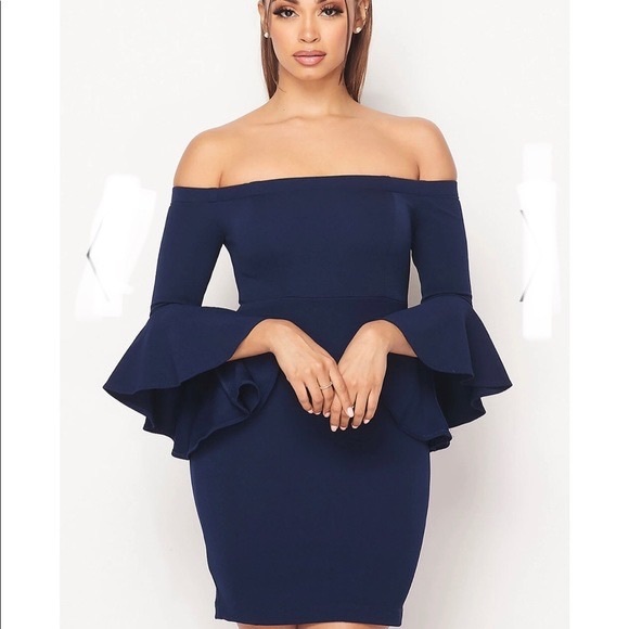 Teeze Me Dresses & Skirts - Teeze Me | Off the Shoulder Navy Blue Dress with Trumpet 3/4 Sleeves.